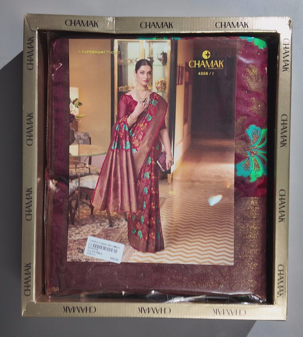 Rich Maroon Floral Tapestry Saree with Lustrous Finish",