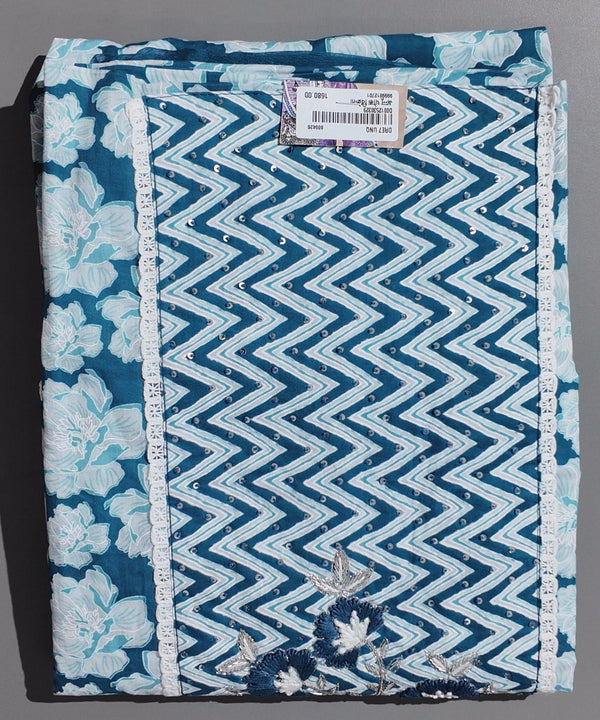 Azure Blossom Unstitched Suit: Artistry in Blue and White",