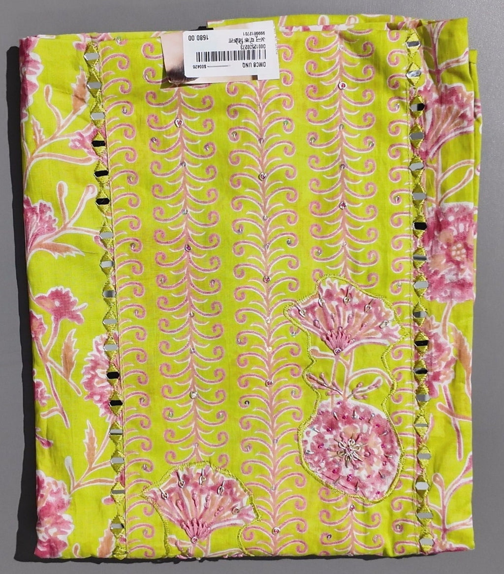 Floral Whimsy: Unstitched Vibrant Lime Suit Fabric