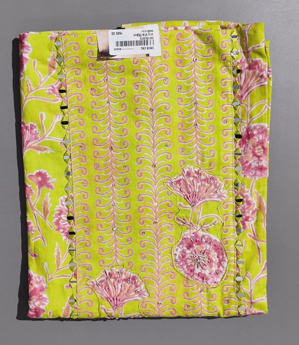 Floral Whimsy: Unstitched Vibrant Lime Suit Fabric",