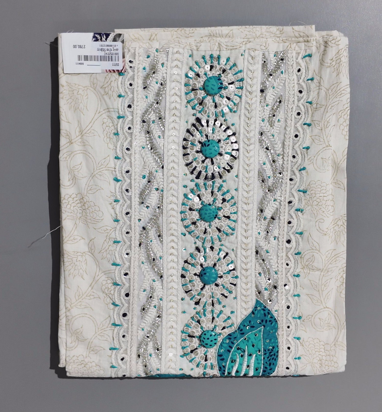 Chic Ivory & Turquoise Embroidered Unstitched Suit