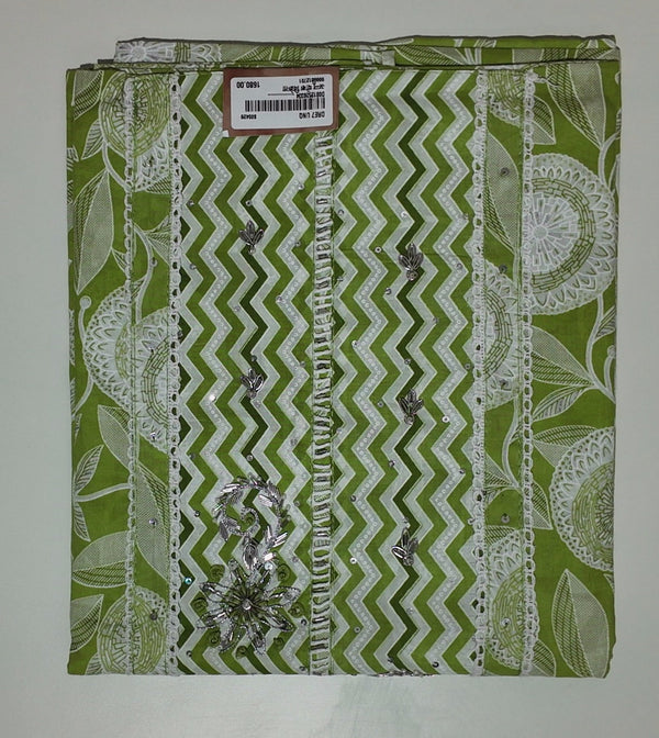 Vibrant Green Chevron & Floral Unstitched Suit",