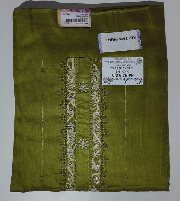 Olive Green Unstitched Suit with Intricate Embroidery",