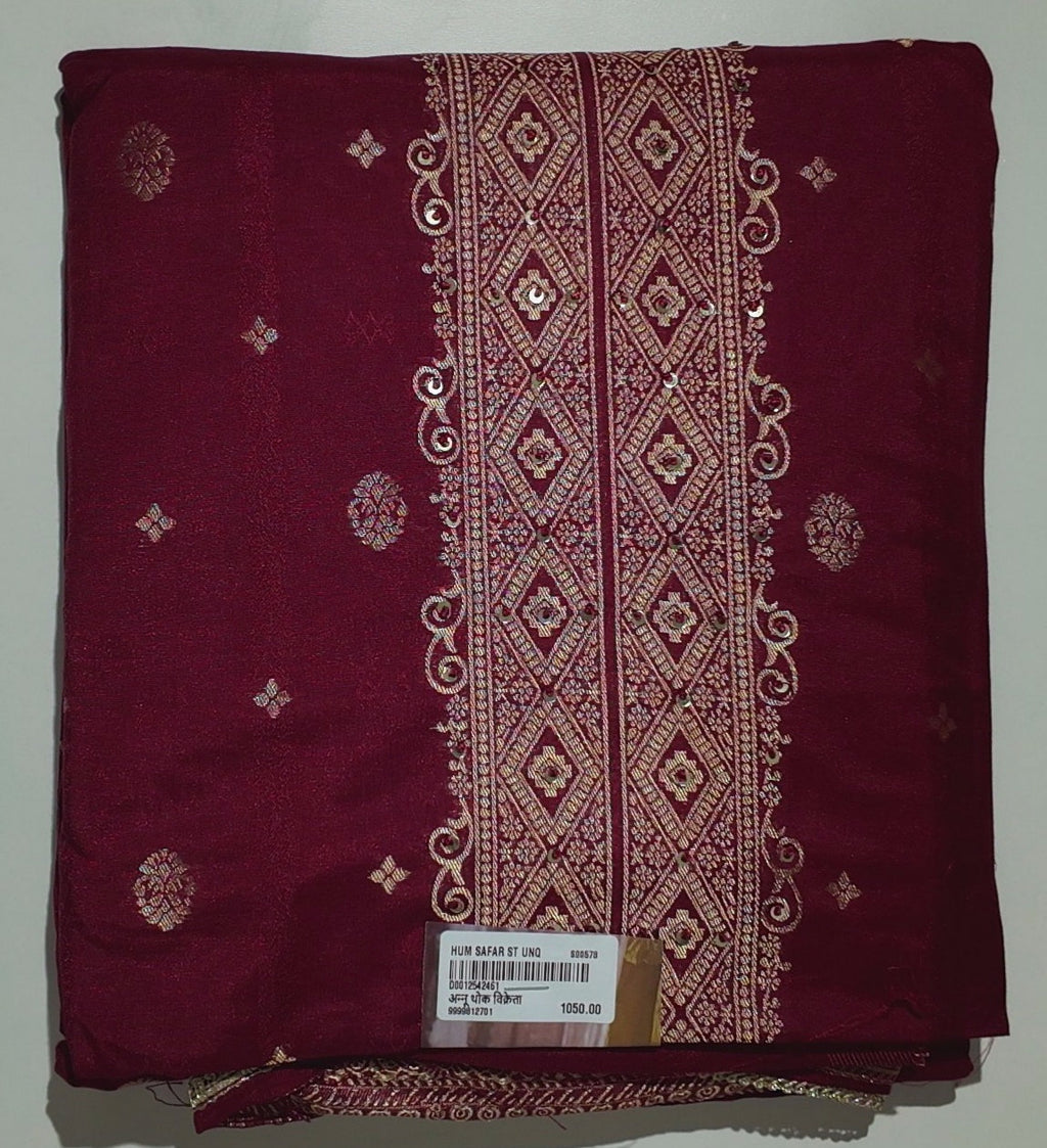 Rich Maroon Unstitched Suit with Intricate Ethnic Patterns