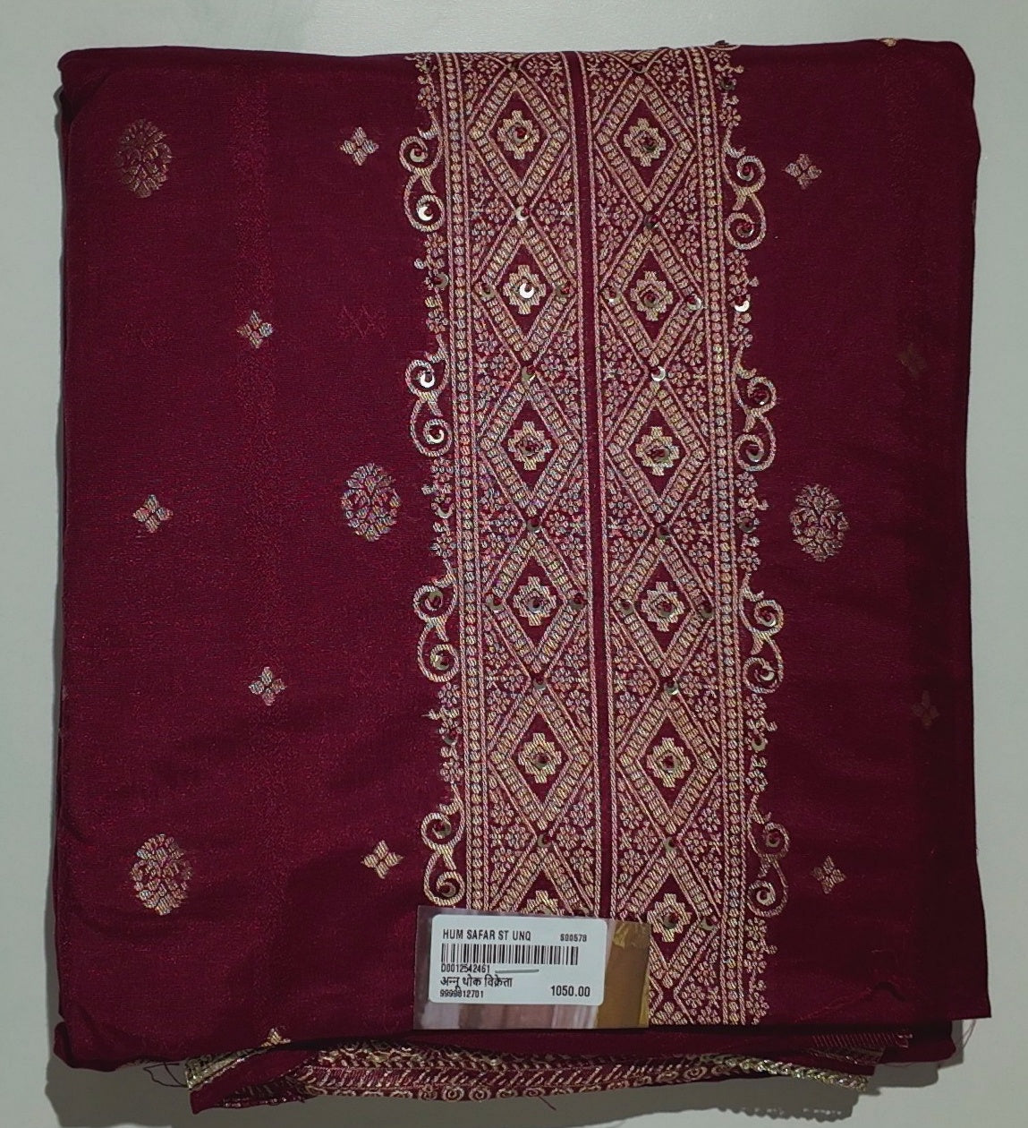 Rich Maroon Unstitched Suit with Intricate Ethnic Patterns