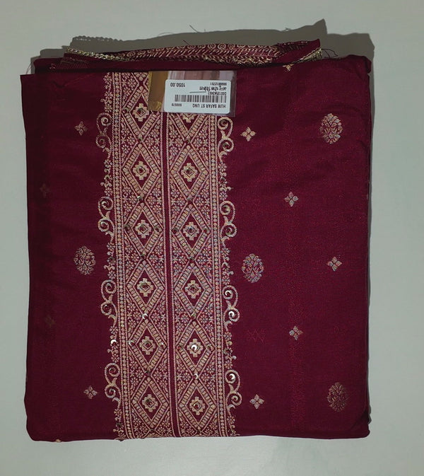 Rich Maroon Unstitched Suit with Intricate Ethnic Patterns",