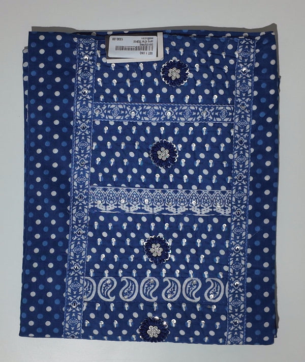 Charming Azure Unstitched Suit with Intricate Patterns",