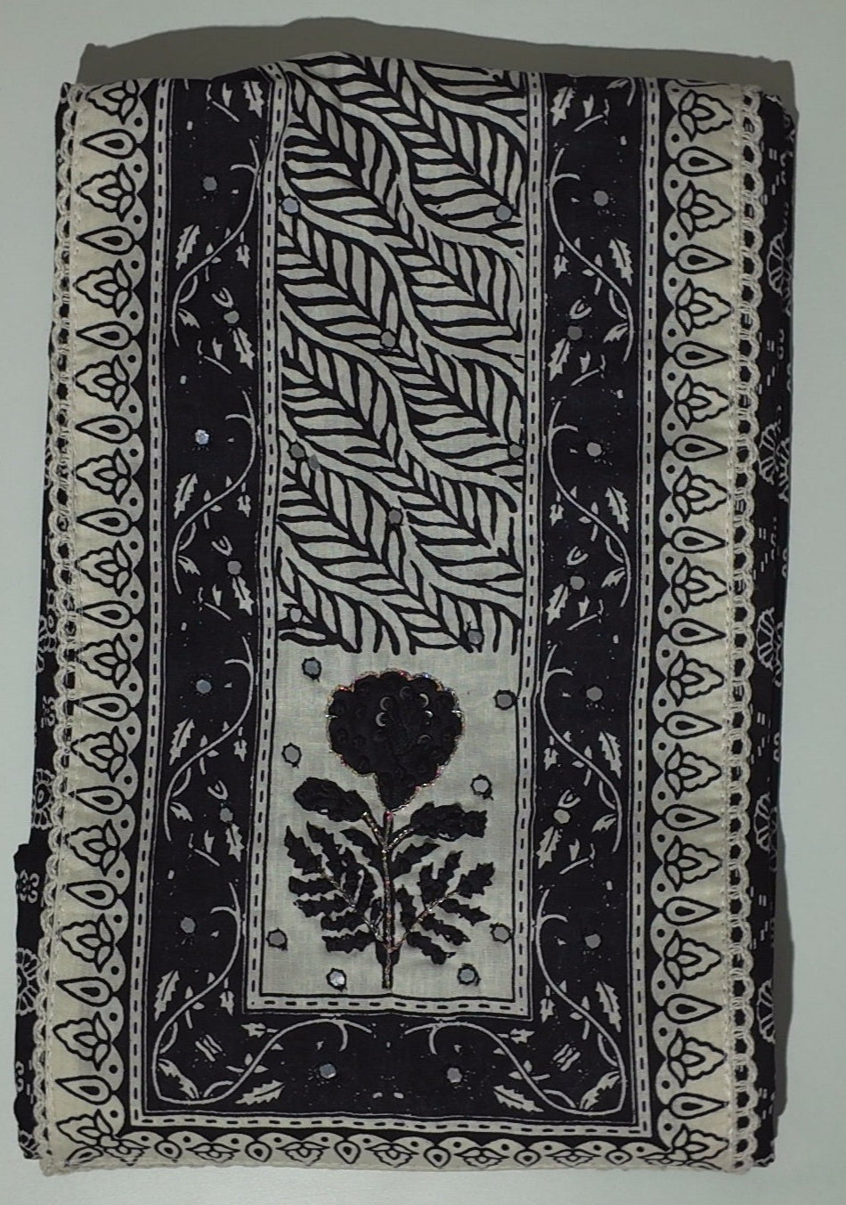 Timeless Black & White Botanical Unstitched Suit Fabric