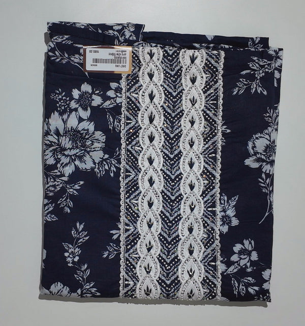 Floral Nightfall: Unstitched Suit with Intricate Lace Detail",