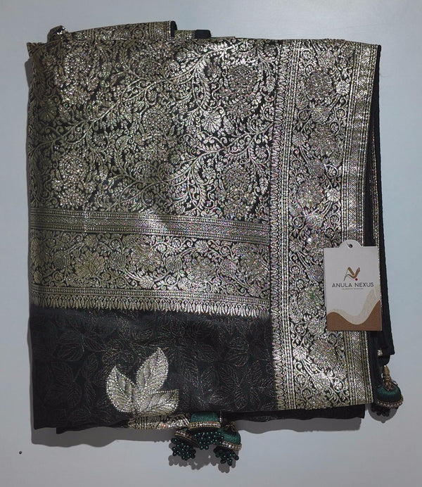 Regal Black Brocade Saree with Intricate Silver Weave",