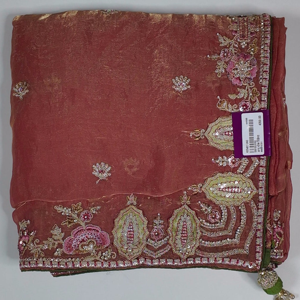 Regal Rust Saree with Intricate Floral Embroidery",