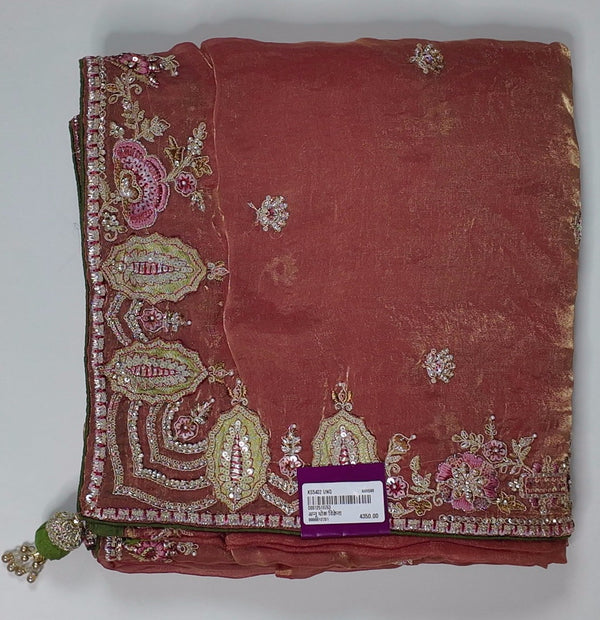 Regal Rust Saree with Intricate Floral Embroidery",