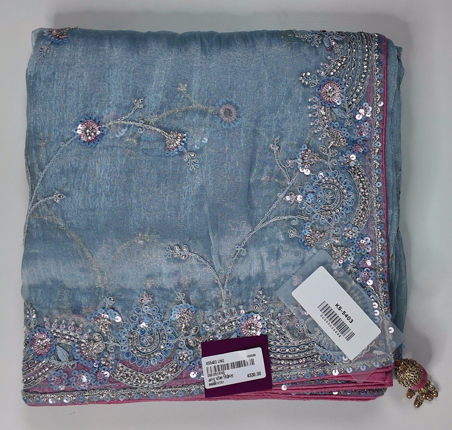 Whispering Silver Blossom Embroidered Saree",