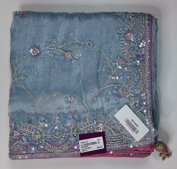 Whispering Silver Blossom Embroidered Saree",