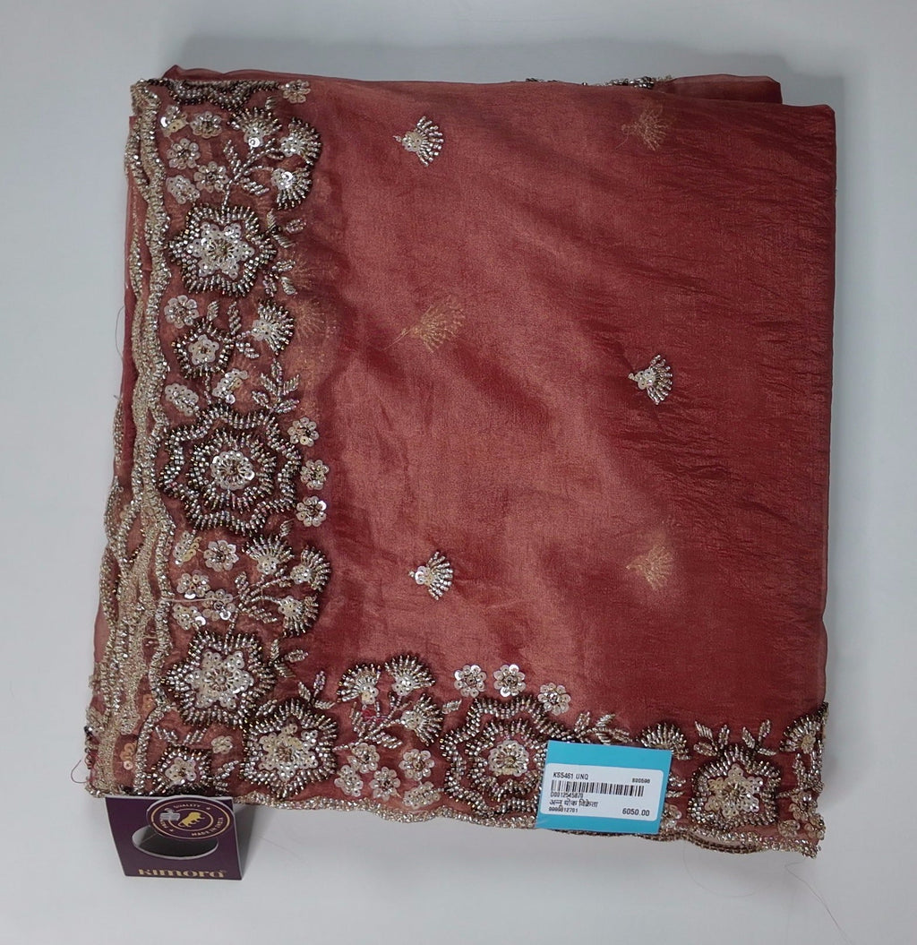 Embroidered Rust Silk Saree with Intricate Metallic Threadwork",