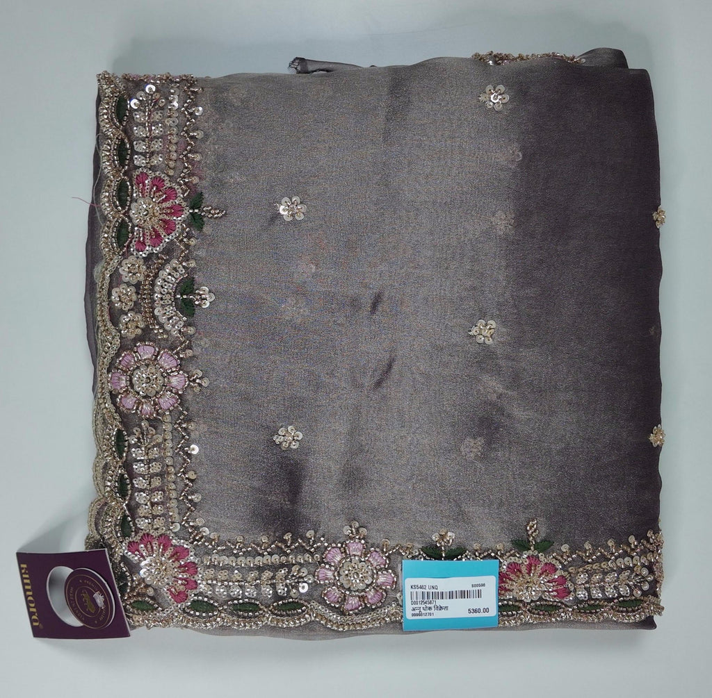 Opulent Charcoal Saree with Intricate Floral Embroidery",