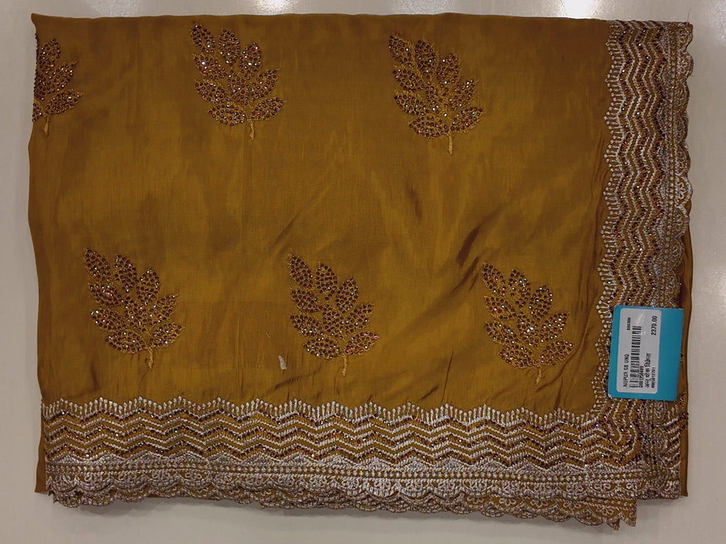 Golden Harvest Embroidered Saree with Intricate Leaf Motifs",