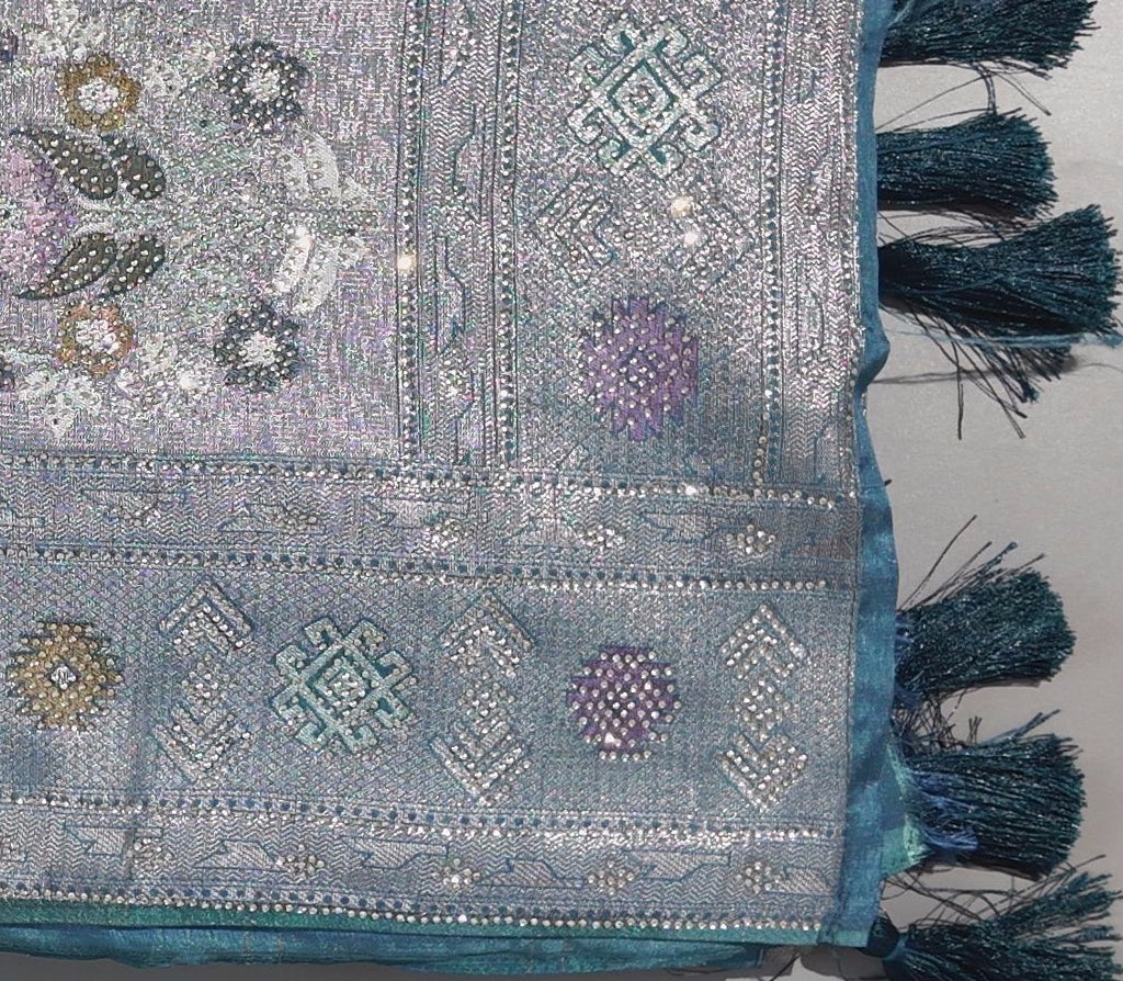 Opulent Silver & Teal Tapestry Saree with Intricate Mosaic Patterns",