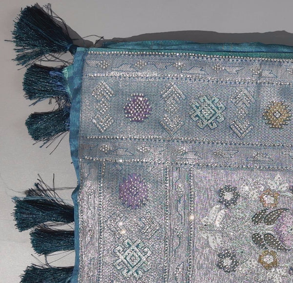 Opulent Silver & Teal Tapestry Saree with Intricate Mosaic Patterns",