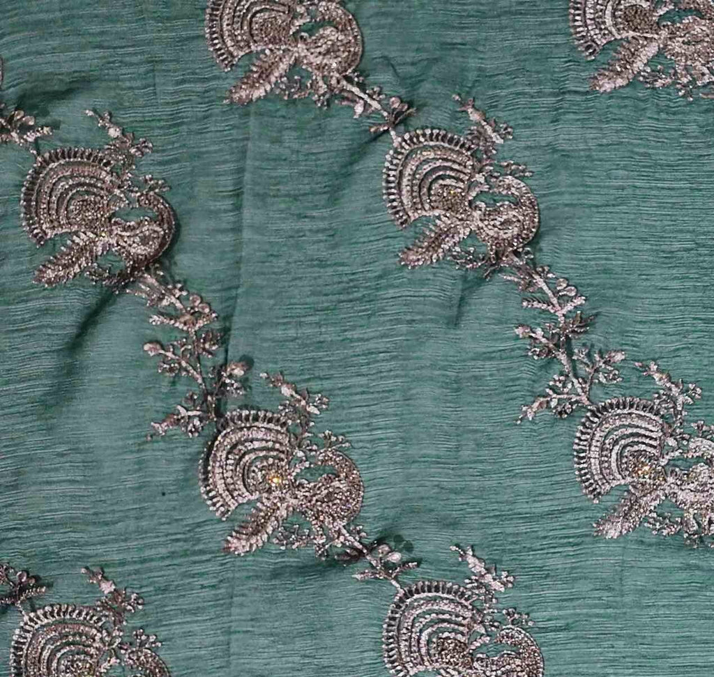 Luxurious Green Embroidered Saree with Peacock Motifs",
