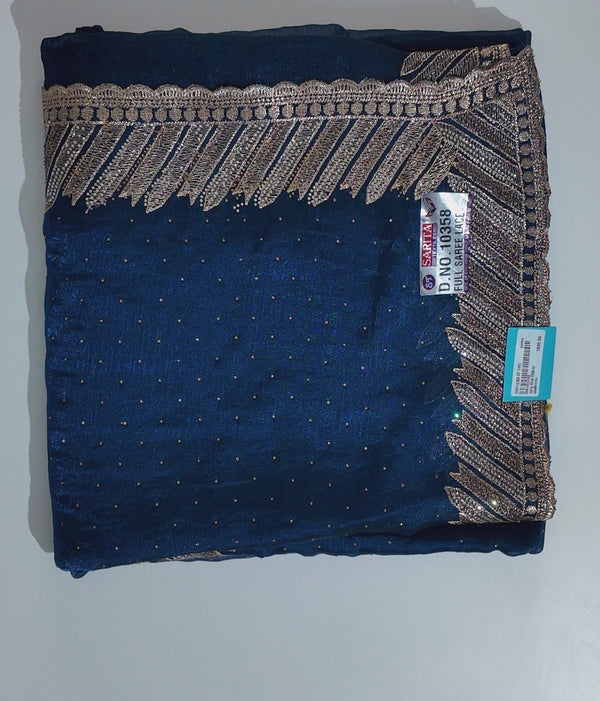 Midnight Allure: Exquisite Navy Saree with Golden Embellishments",