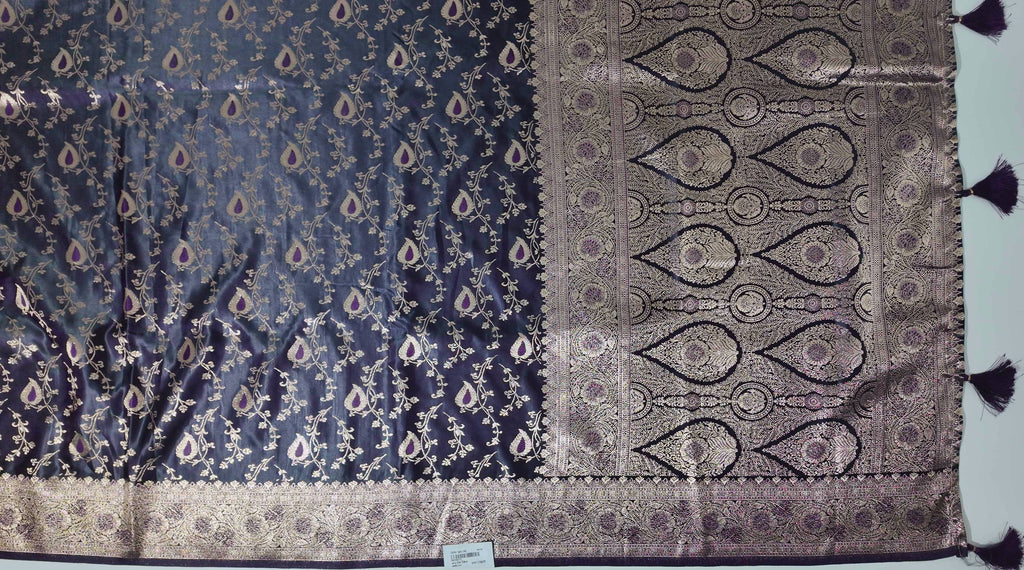 Regal Midnight Blue Saree with Intricate Gold Brocade",