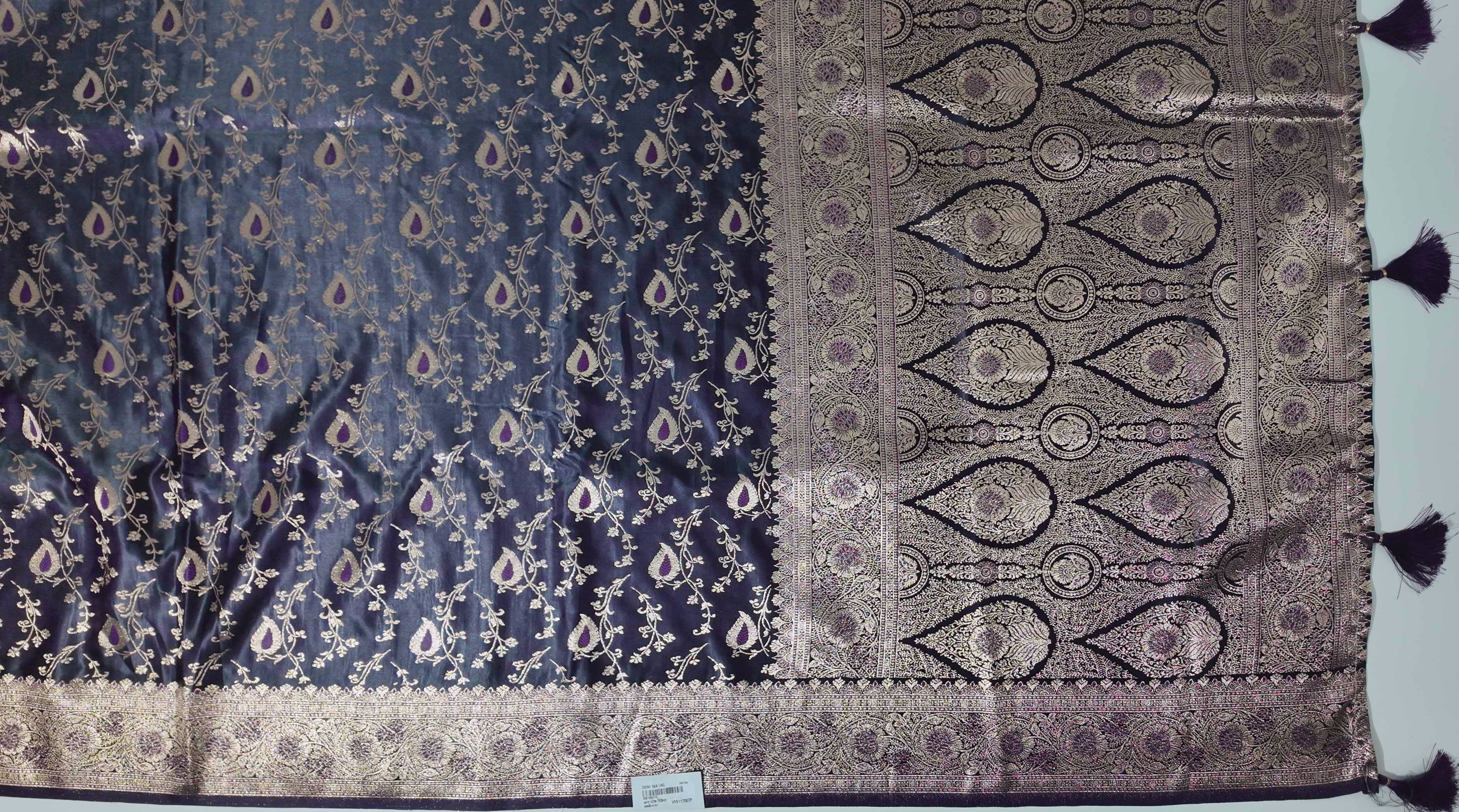 Regal Midnight Blue Saree with Intricate Gold Brocade",