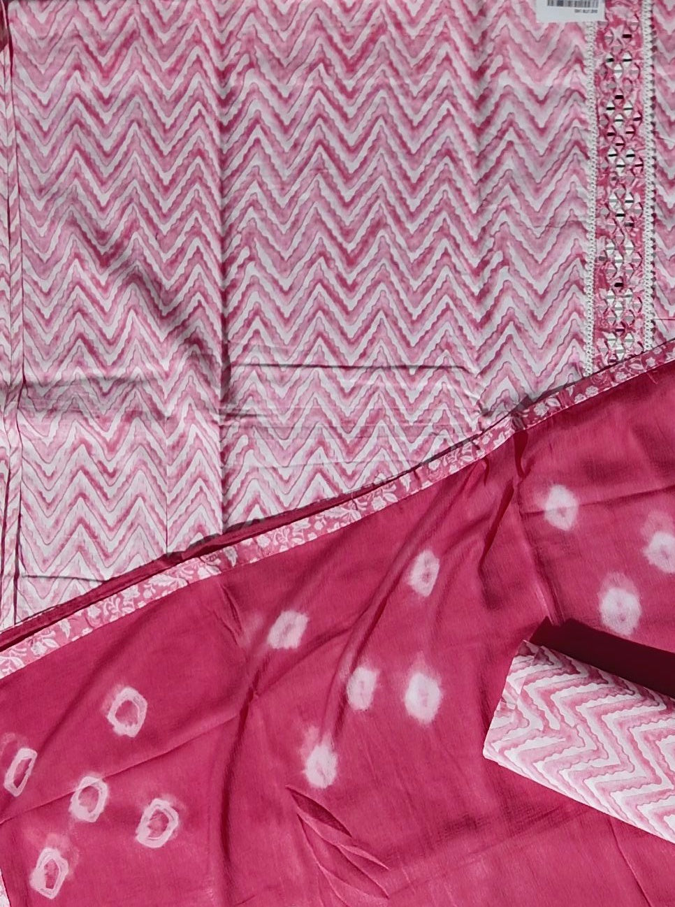 Zigzag Allure: Pink Chevron Unstitched Suit with Mirror Embellishments