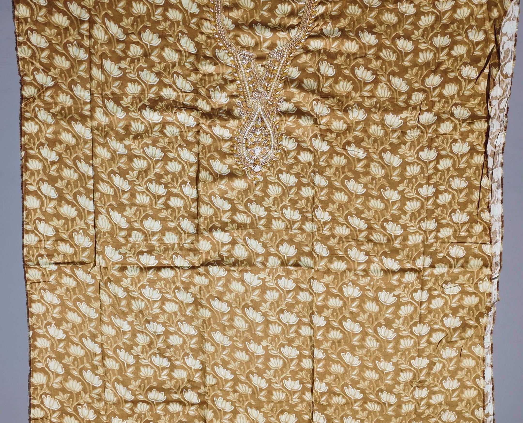 Golden Blossom Unstitched Suit: Embrace Elegant Embroidery",