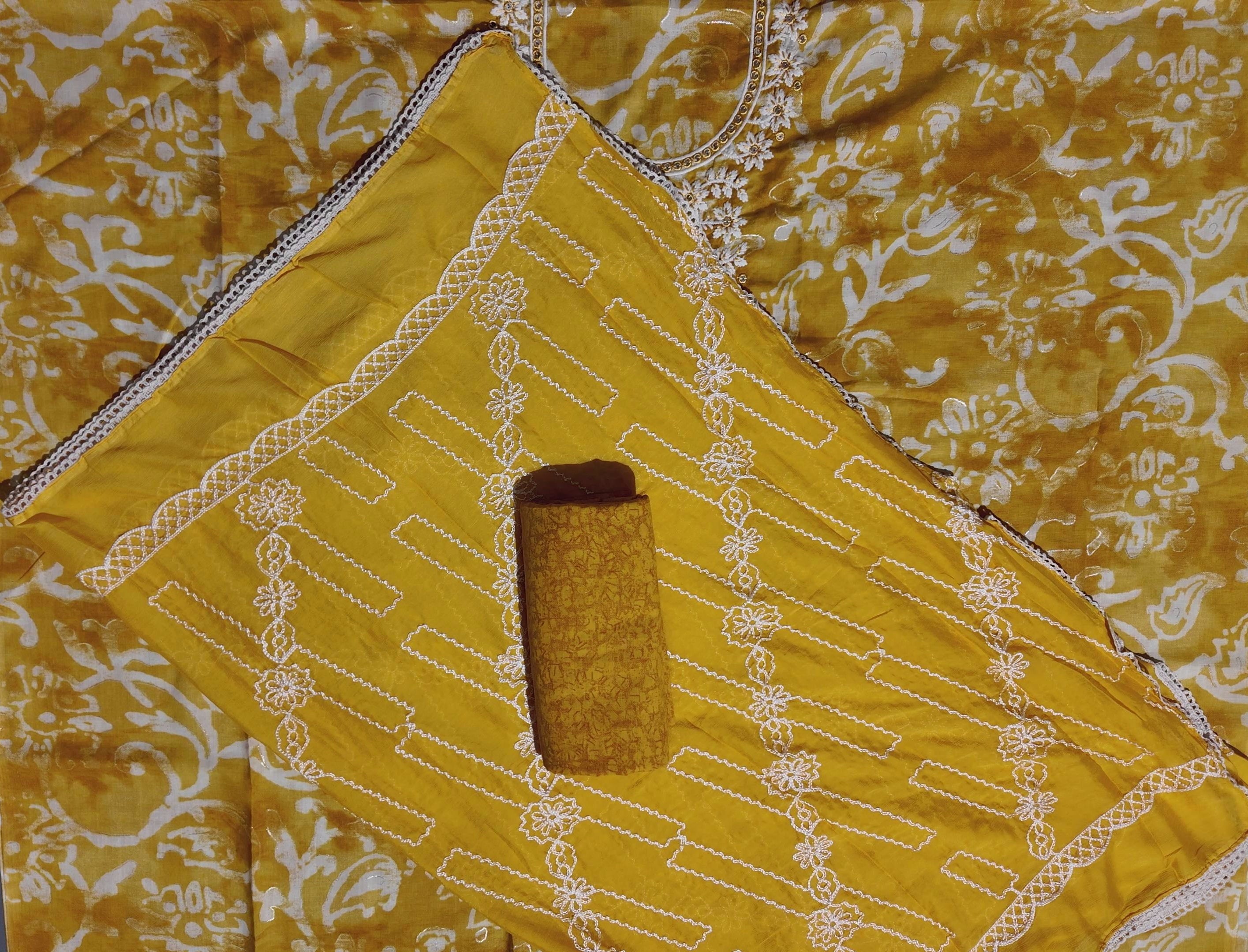 Vibrant Mustard Floral Unstitched Suit with Intricate Embroidery