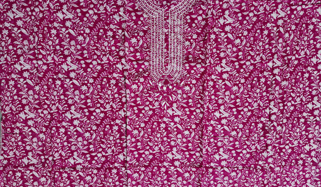 Vibrant Floral Fuchsia Unstitched Suit with Embellished Neckline