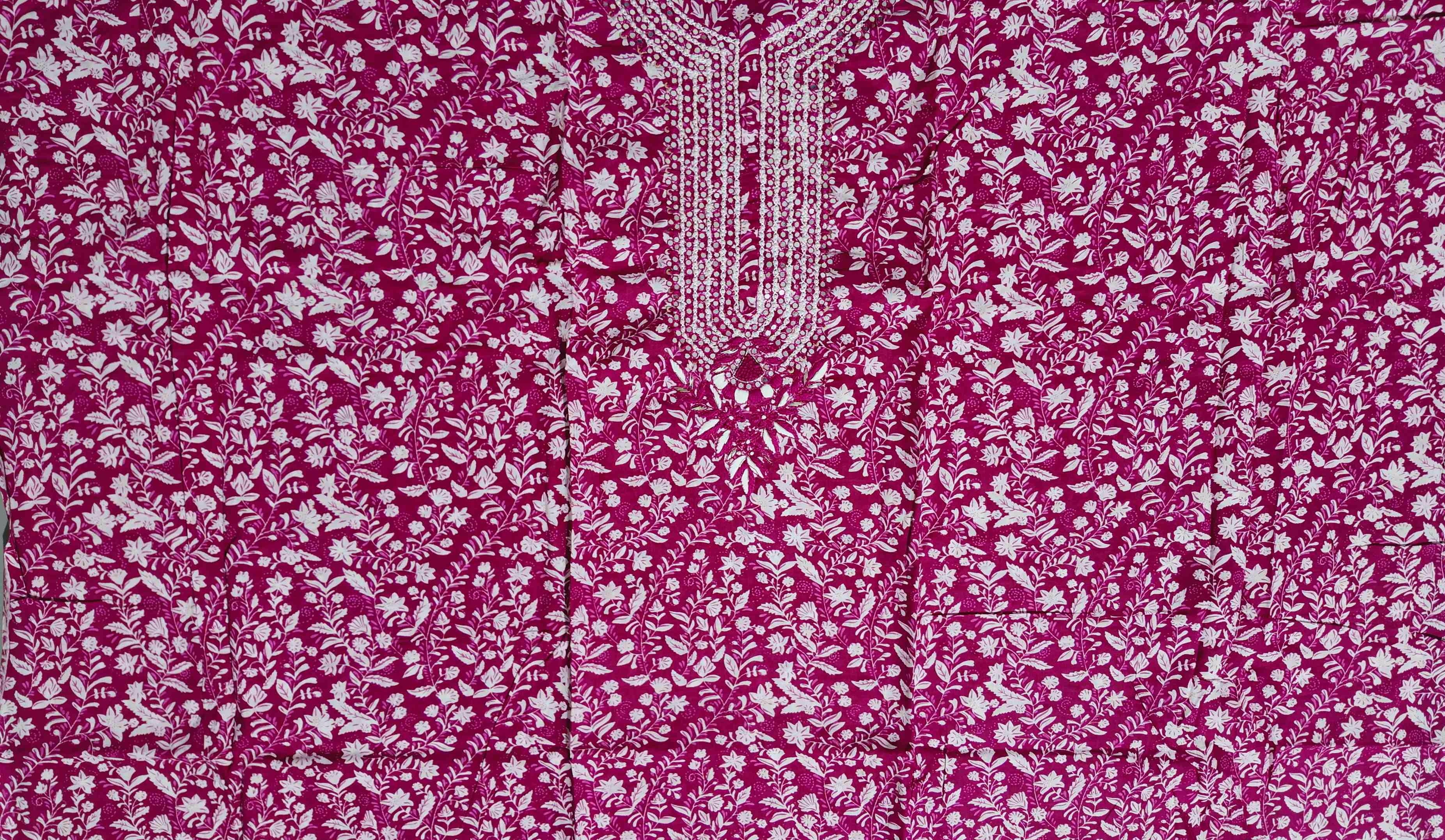 Vibrant Floral Fuchsia Unstitched Suit with Embellished Neckline