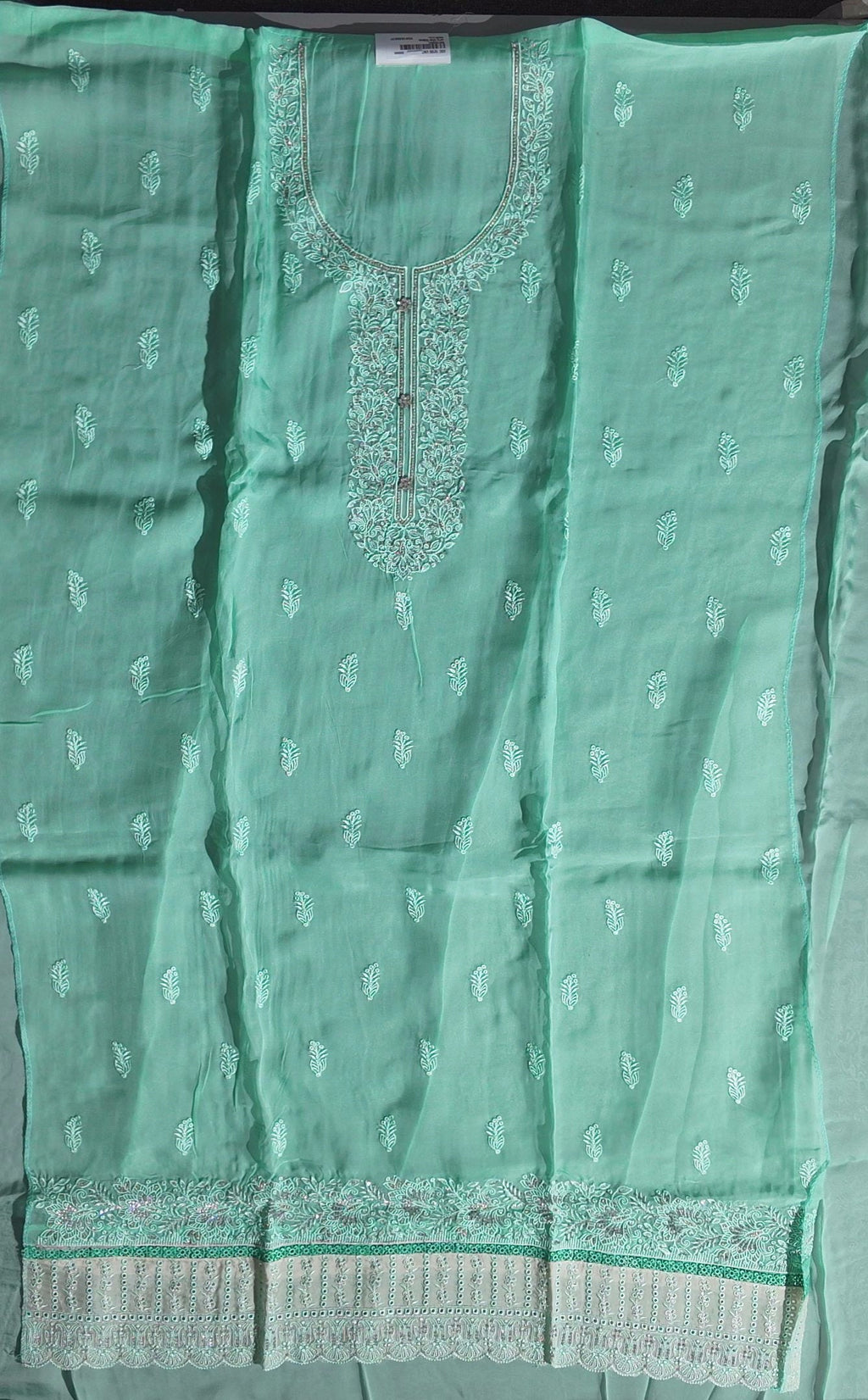 Mint Whisper: Exquisite Unstitched Suit with Delicate Embroidery",