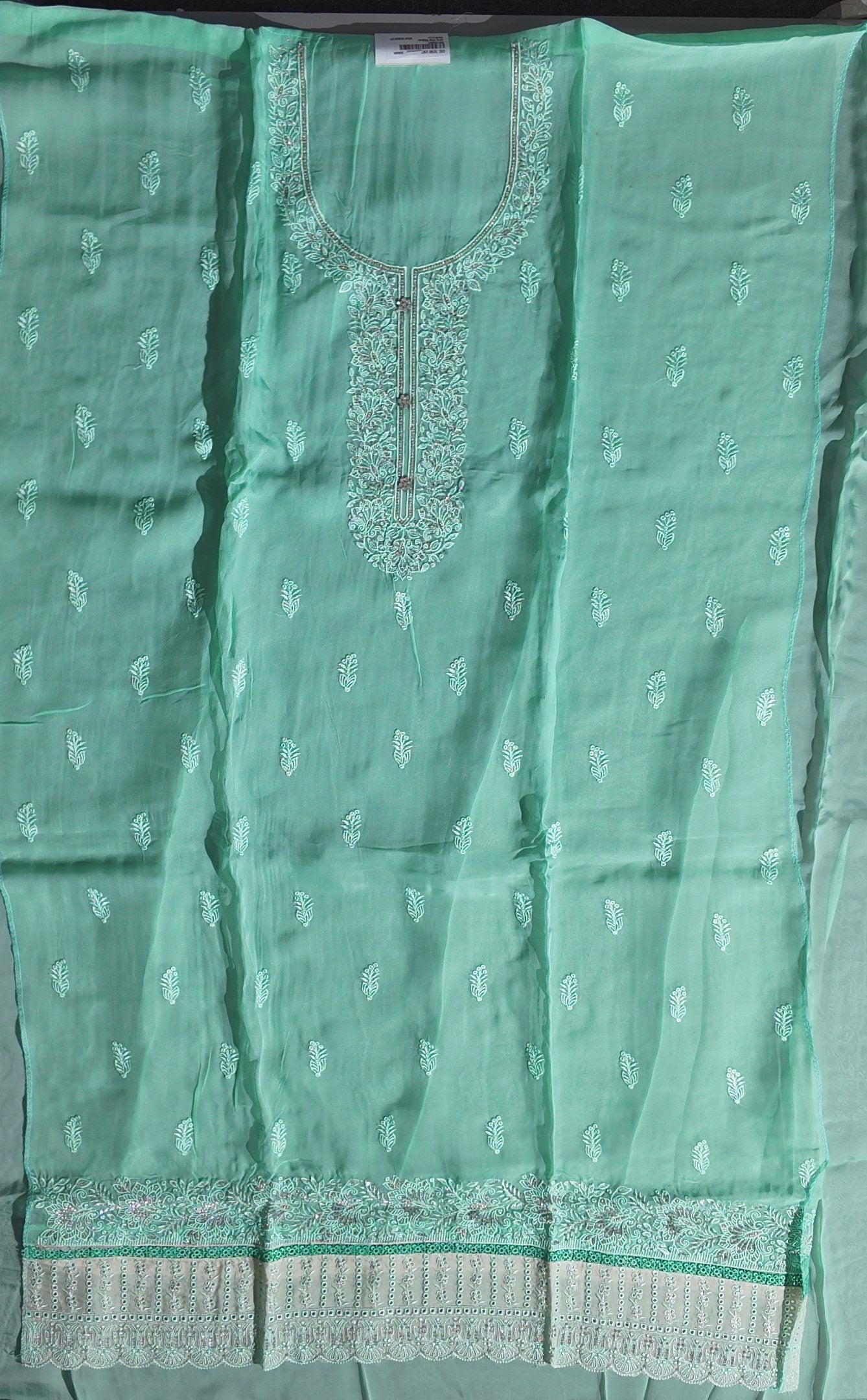 Mint Whisper: Exquisite Unstitched Suit with Delicate Embroidery",