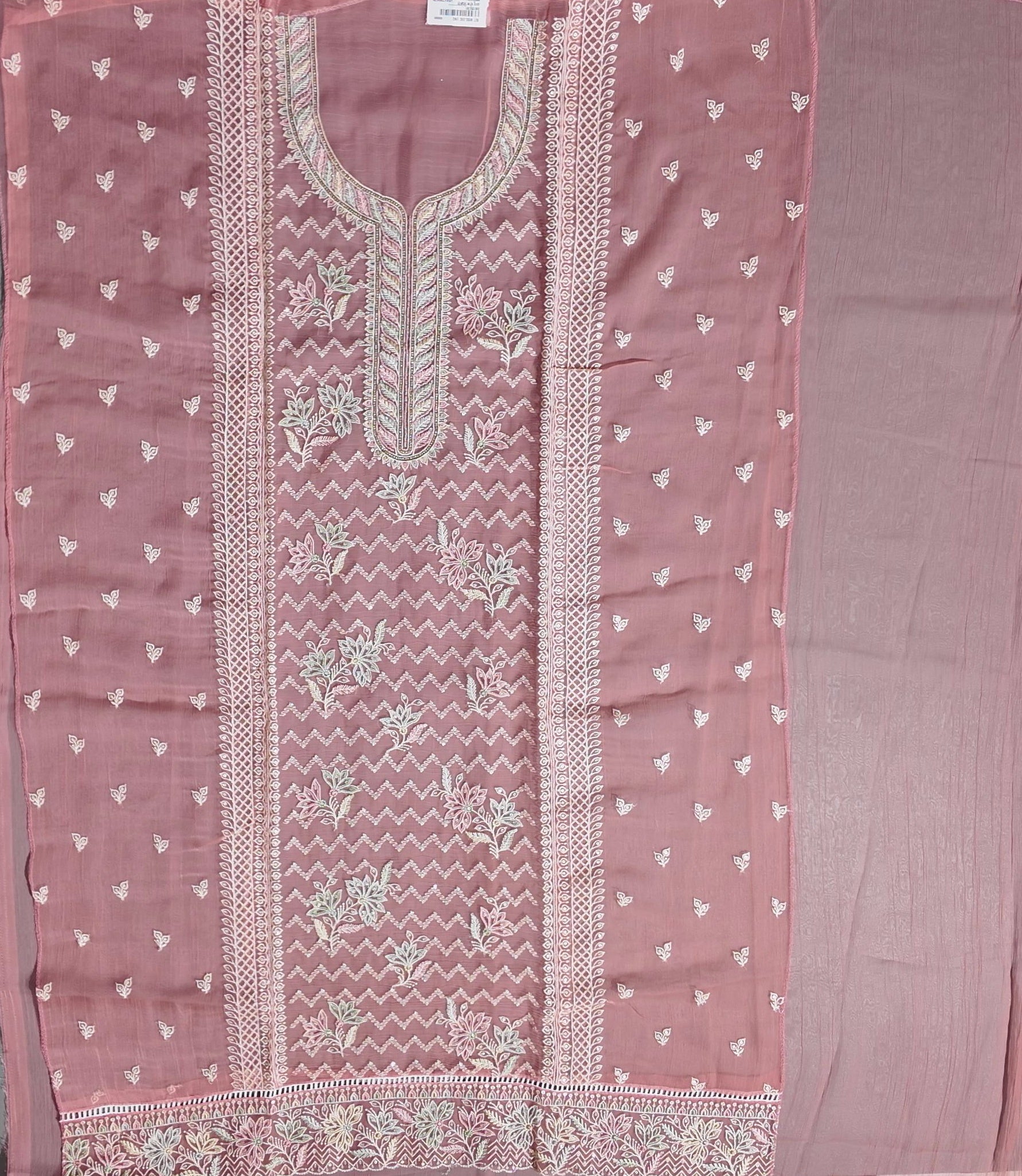 Blossom Delight: Unstitched Embroidered Suit in Coral Hues",