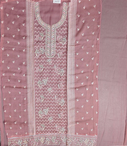 Blossom Delight: Unstitched Embroidered Suit in Coral Hues