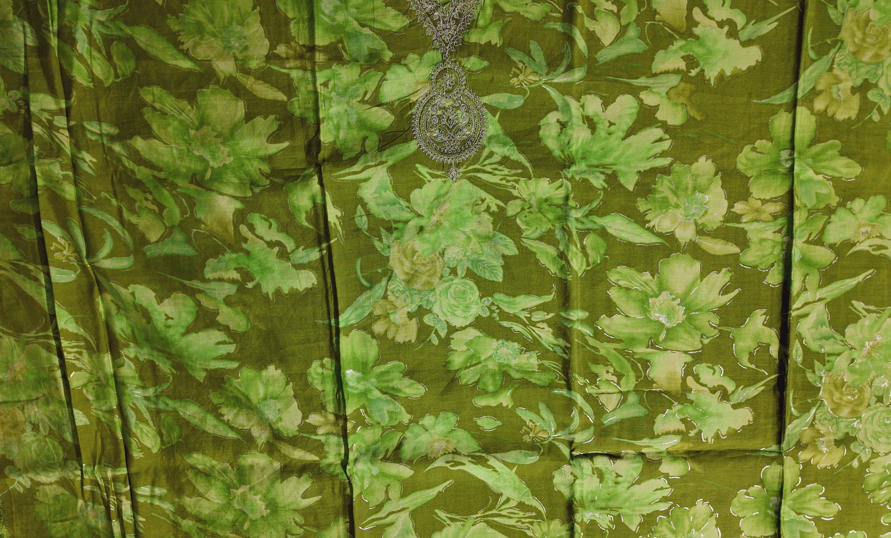 Floral Opulence: Luxurious Green Unstitched Suit Fabric",
