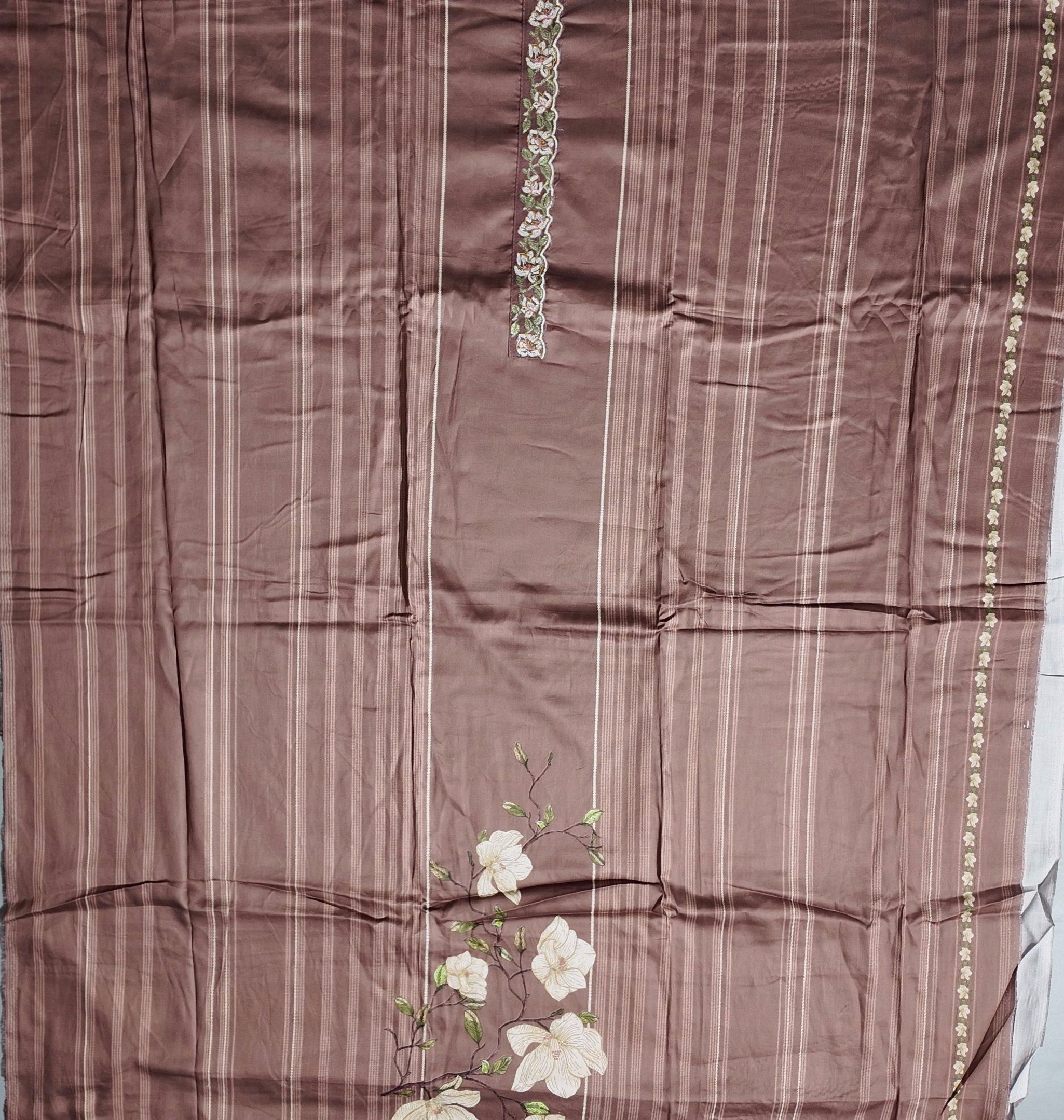 Charming Chocolate Unstitched Suit with Floral Embroidery",