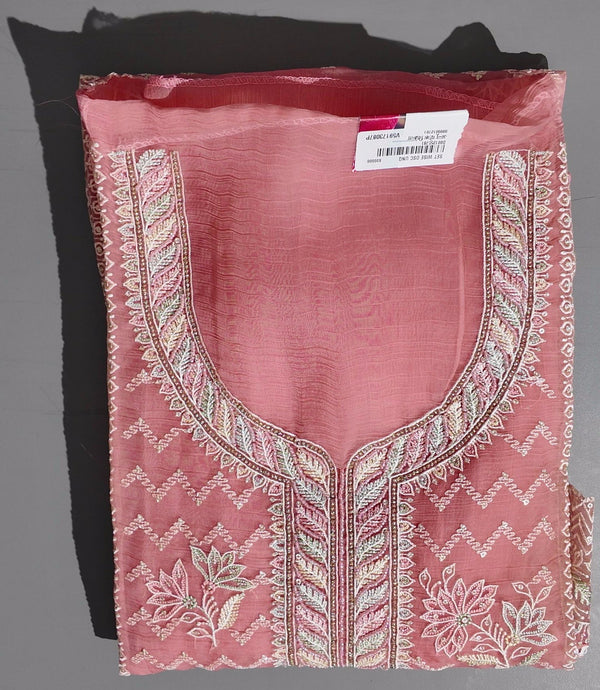 Chic Coral Unstitched Suit: Intricate Embroidery & Luxurious Texture",