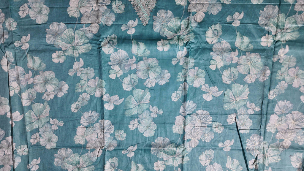 Serene Aqua Blossoms: Unstitched Suit with Intricate Lace