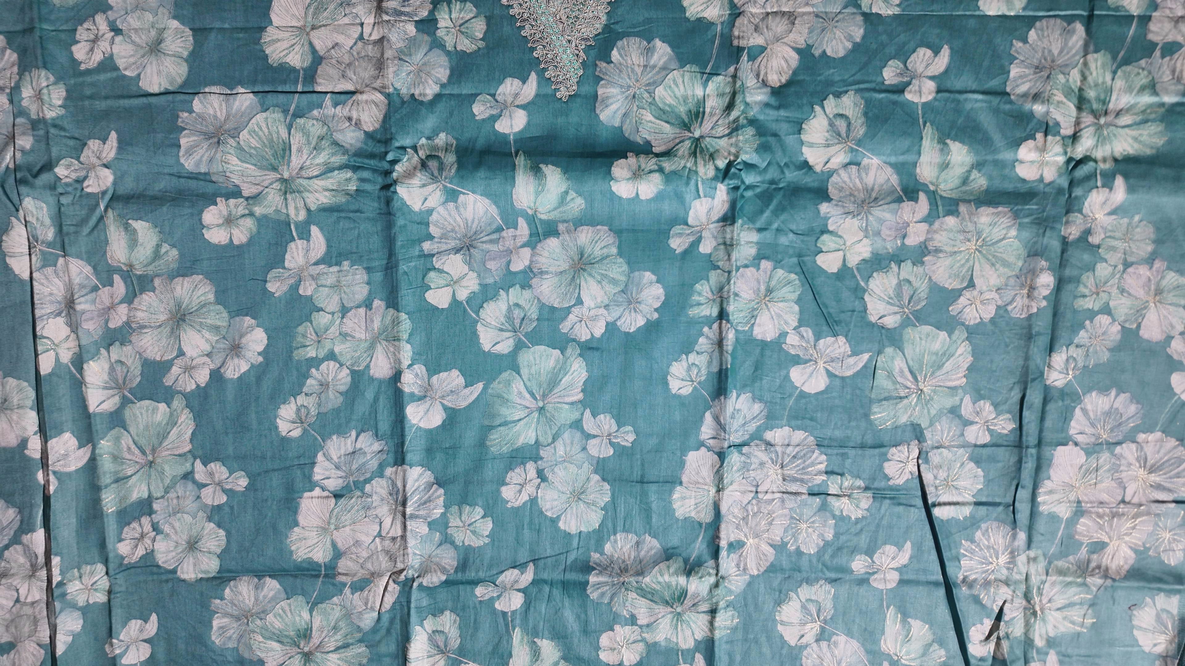 Serene Aqua Blossoms: Unstitched Suit with Intricate Lace