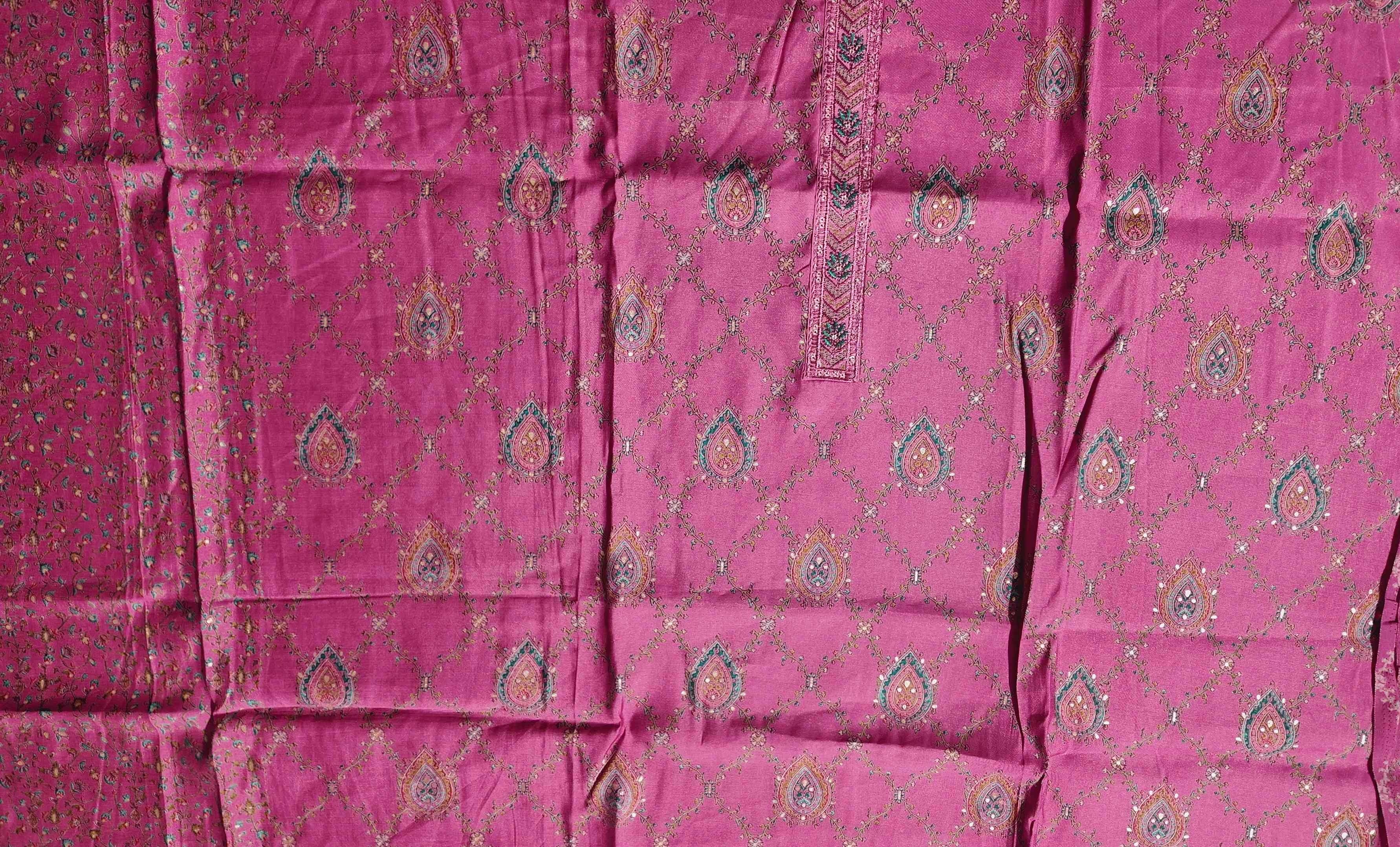 Ornate Fuchsia Dream: Unstitched Silk Suit with Intricate Motifs",