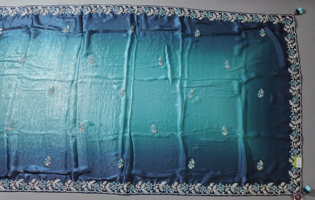 Midnight Indigo Unstitched Suit with Intricate Floral Embroidery",