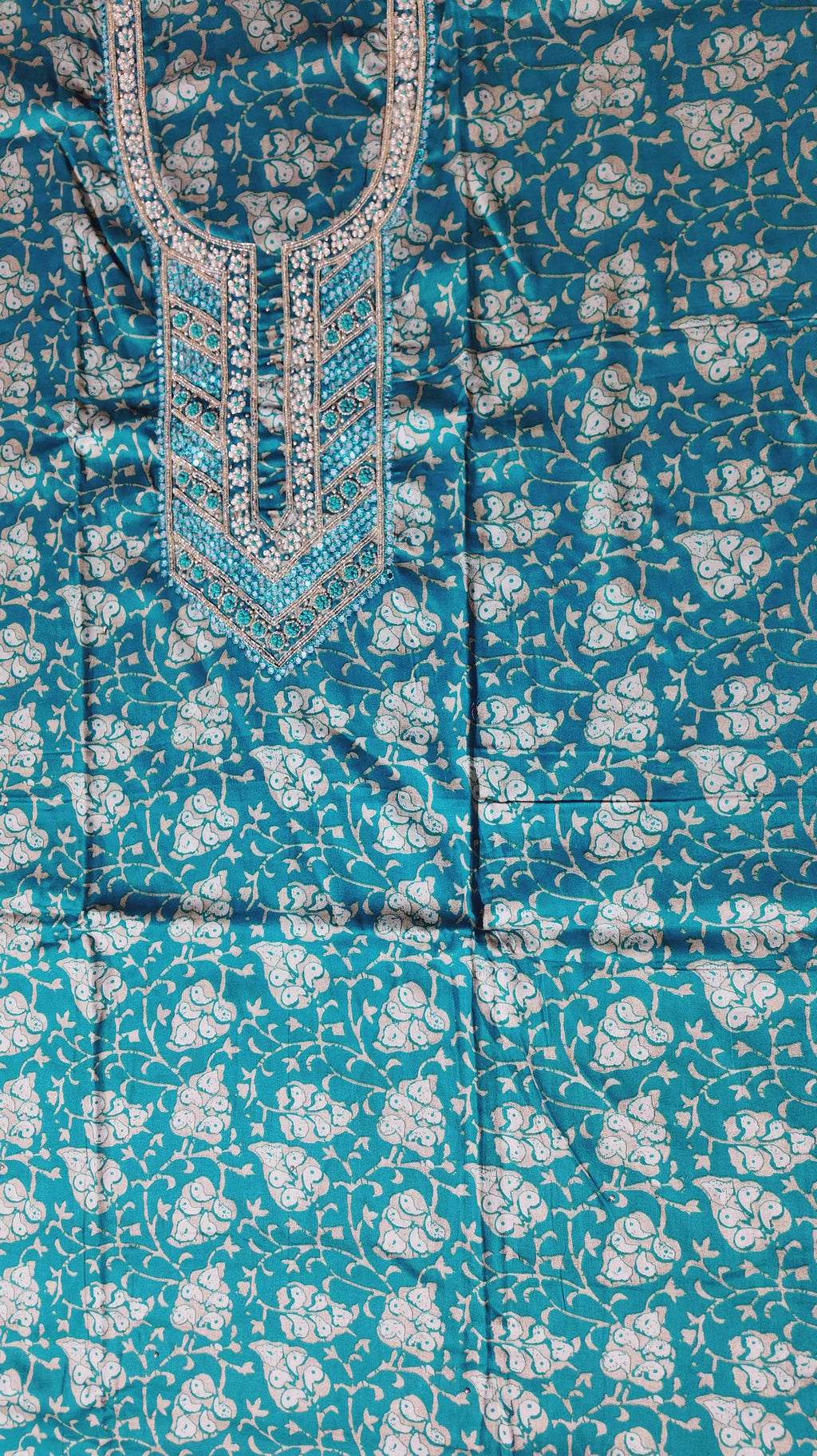 Opulent Teal Brocade Unstitched Suit with Intricate Embellishments