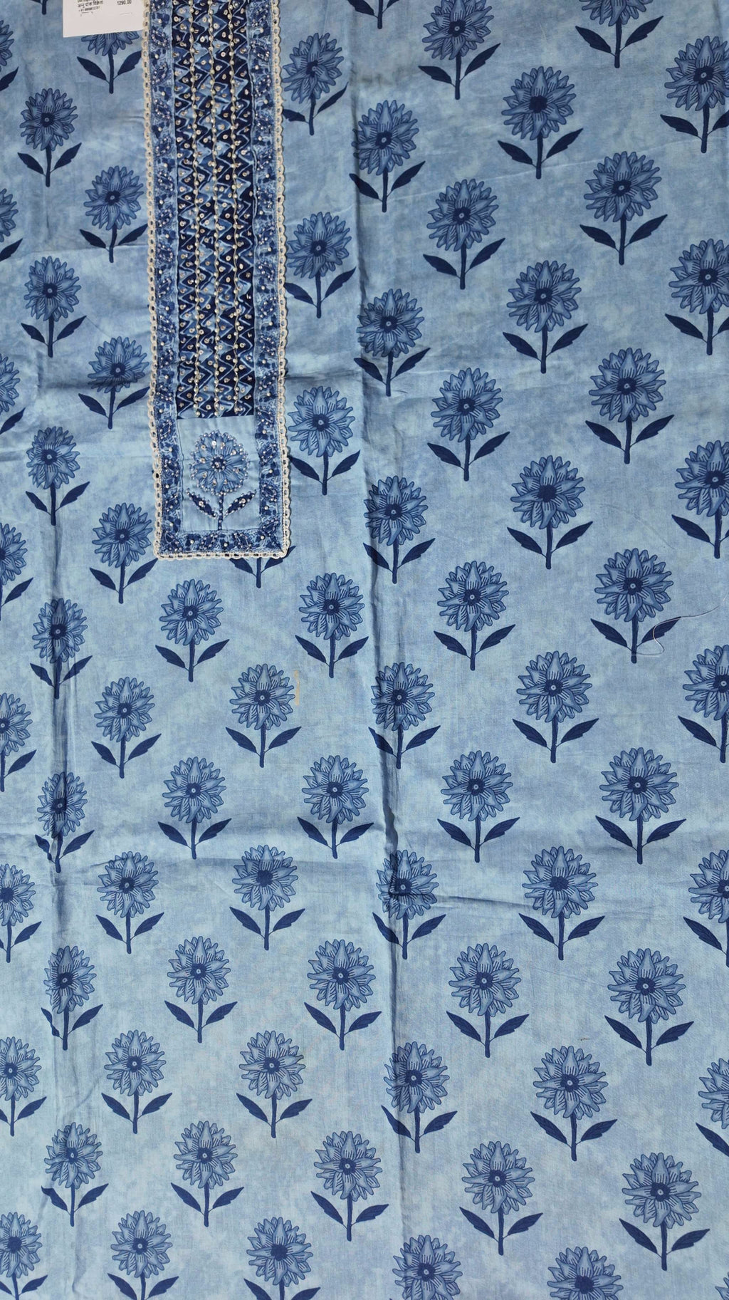 Azure Blossom Unstitched Suit: Artisanal Floral Elegance