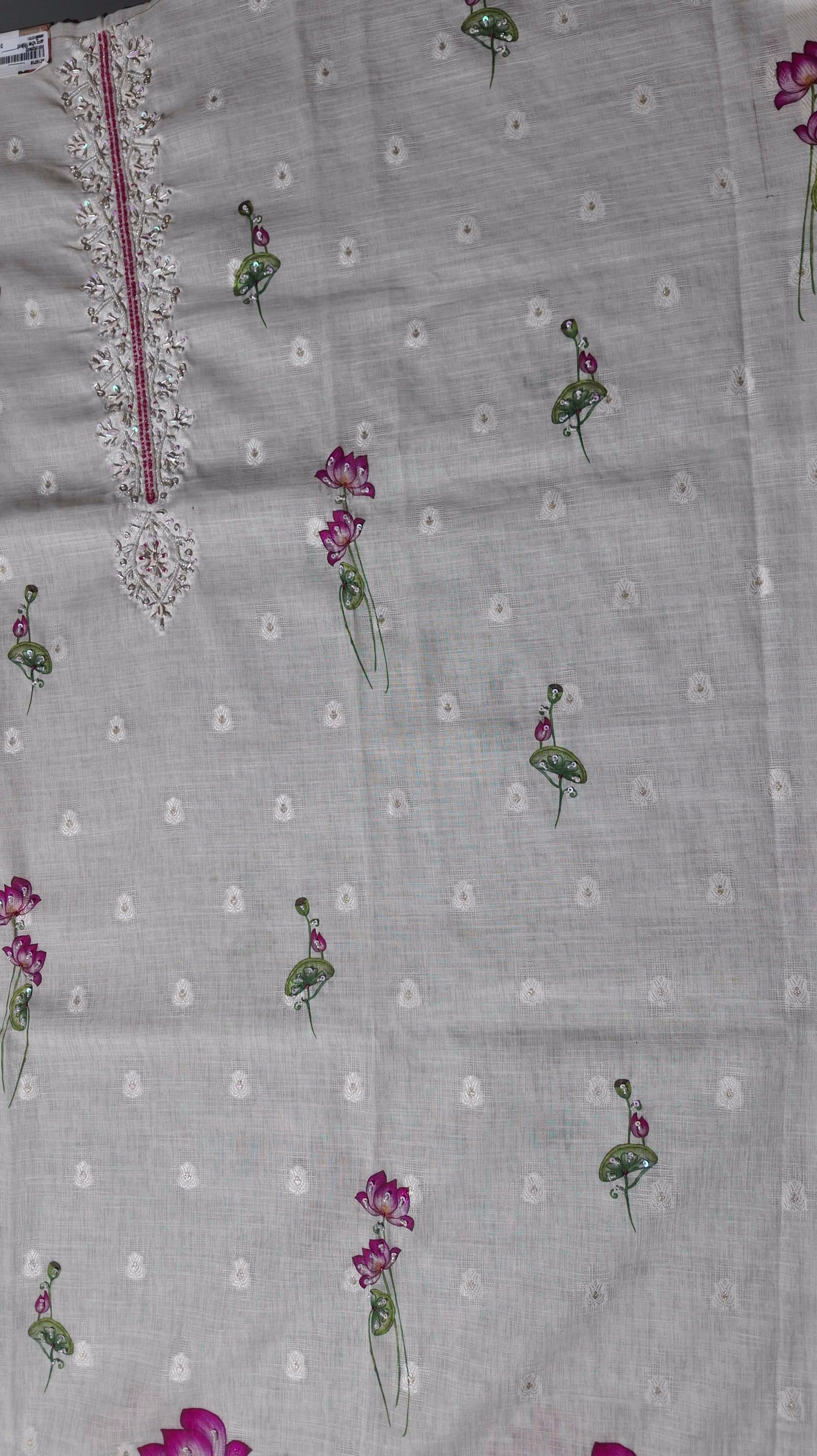 Exquisite Lotus Embroidered Unstitched Suit in Ivory Bliss