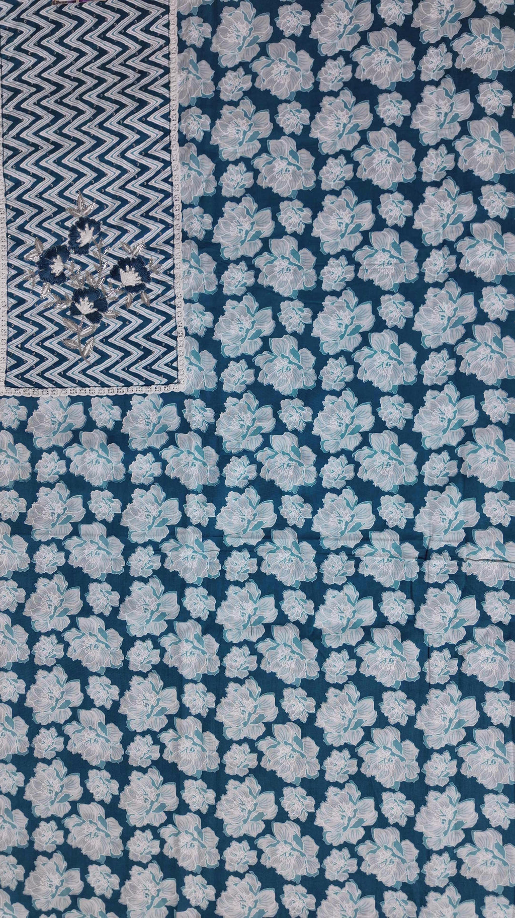 Azure Blossom Unstitched Suit: Artistry in Blue and White