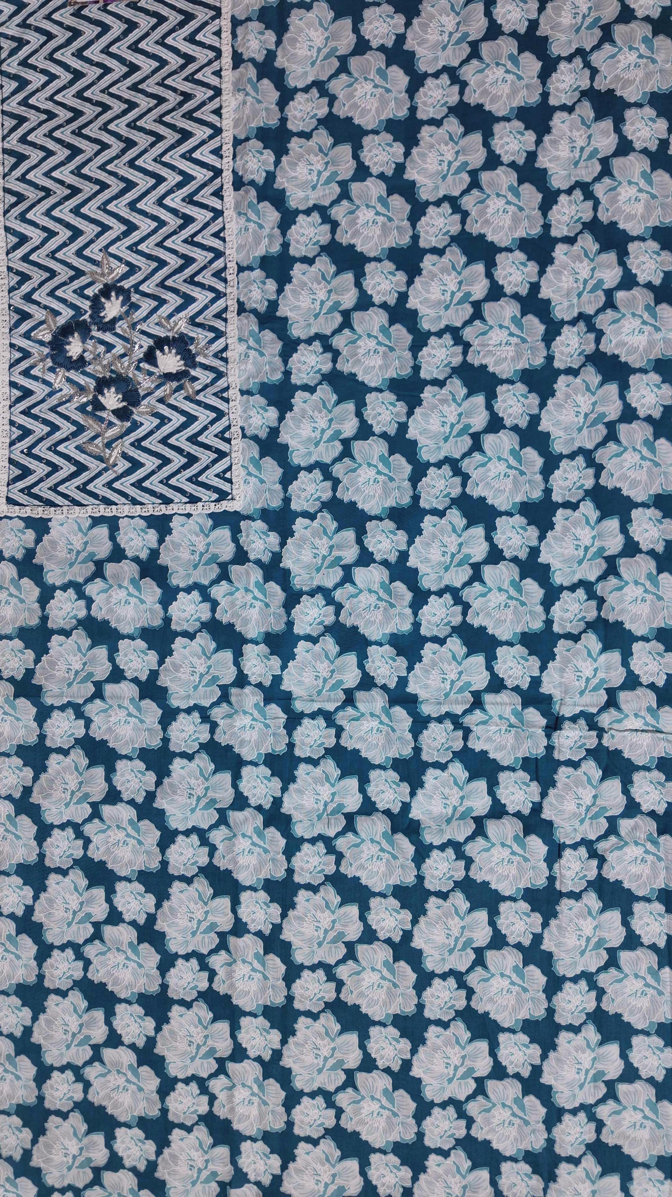 Azure Blossom Unstitched Suit: Artistry in Blue and White