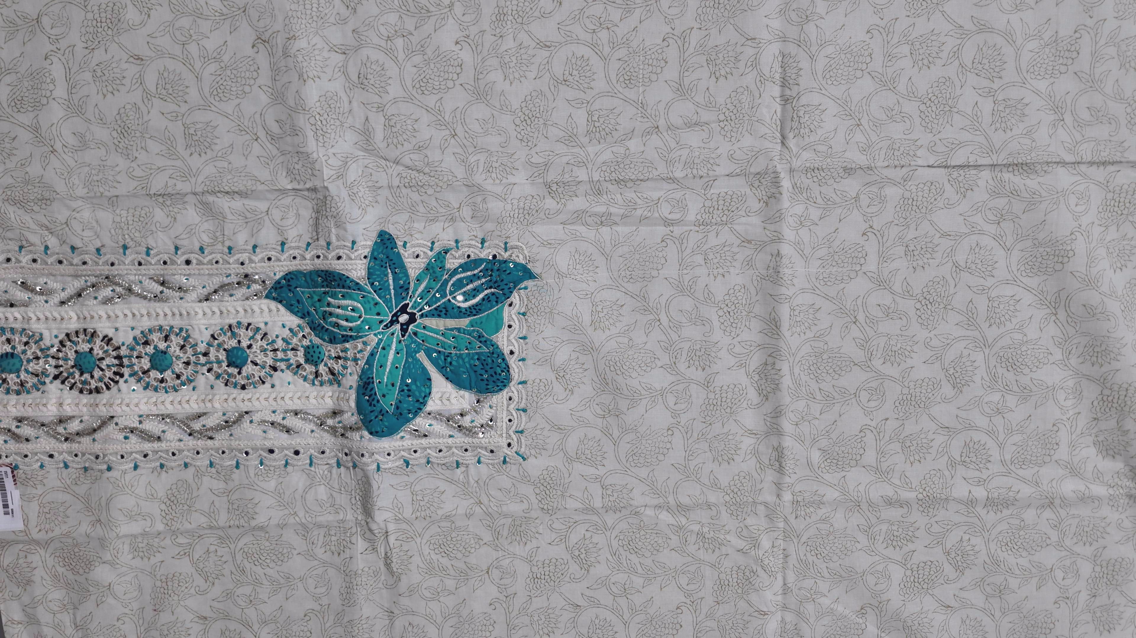 Chic Ivory & Turquoise Embroidered Unstitched Suit