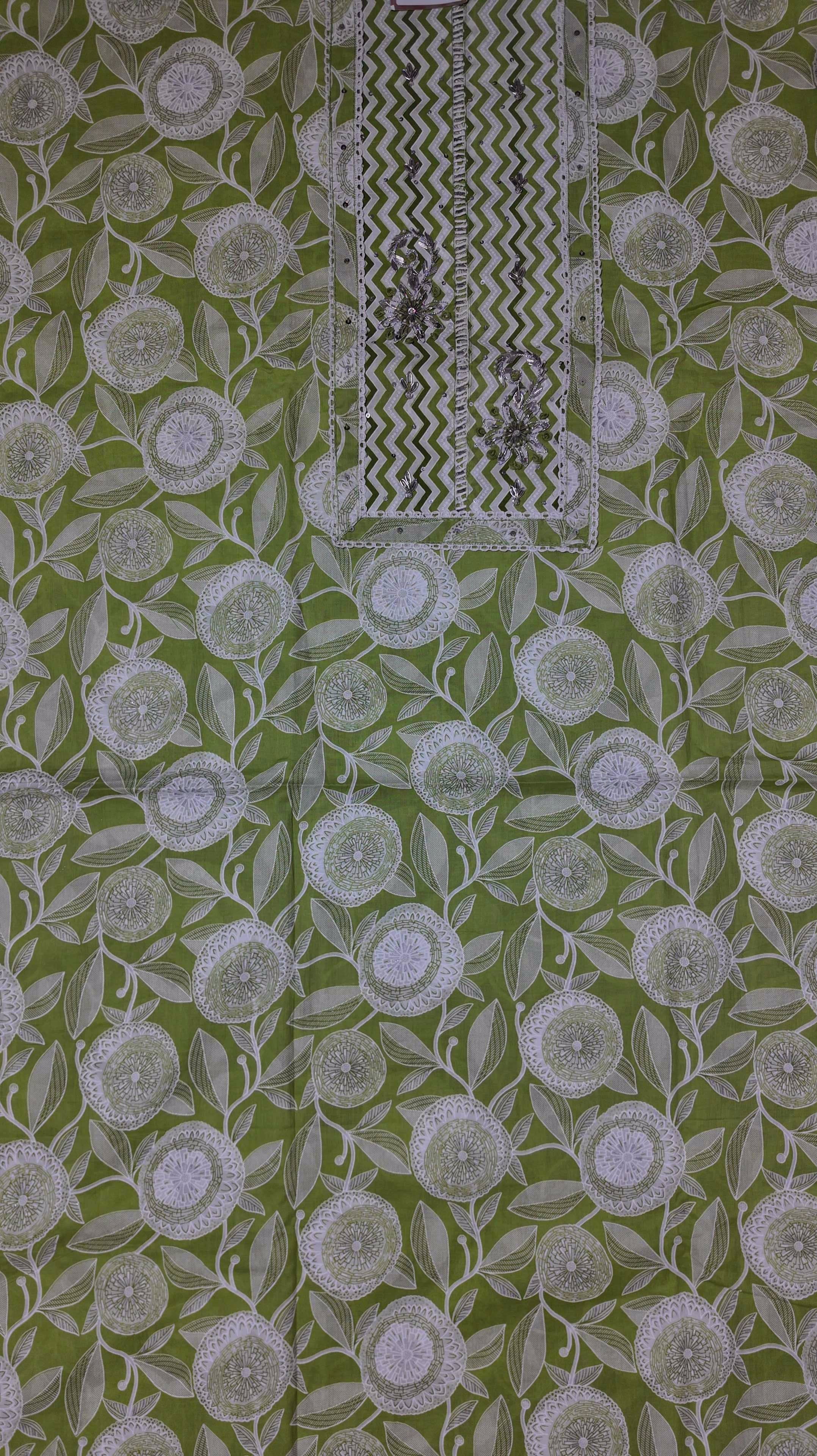 Vibrant Green Chevron & Floral Unstitched Suit